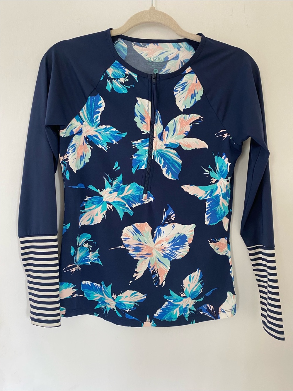 Carve Designs Rash Guard Navy Floral Long-Sleeve Front Zip UPF 50+ Size XS